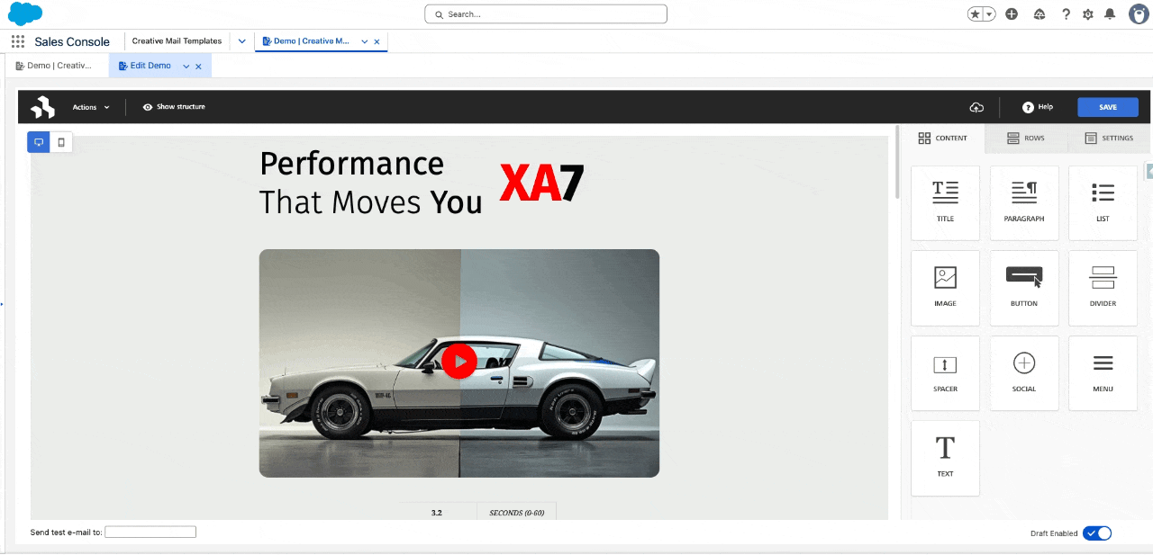 Stage and sidebar in Creative Mail builder