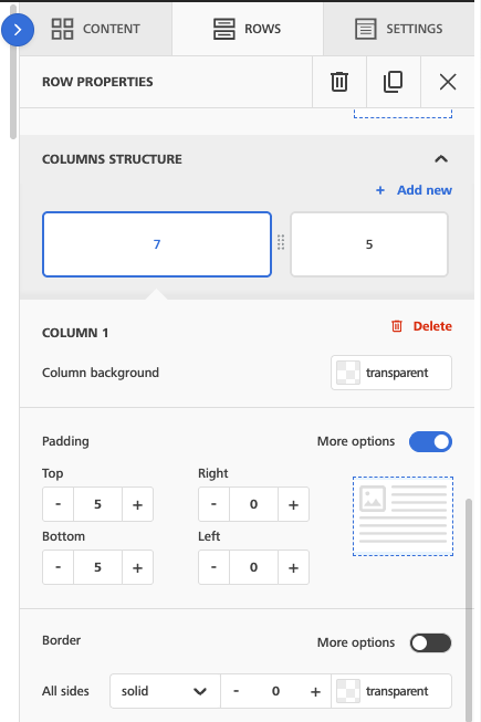 Column properties in Creative Mail