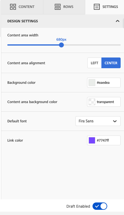 Settings tab in Creative Mail builder